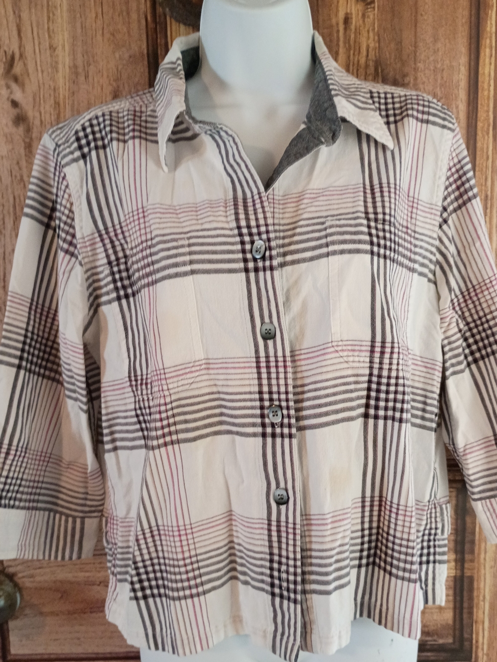 Christopher & Banks Cream Plaid Button-Down Shirt with Pink and Gray Stripes